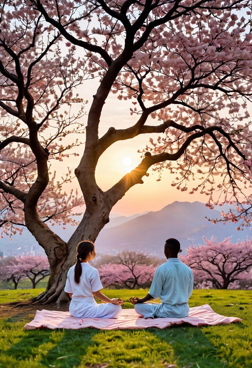 A serene landscape depicting two individuals meditating together under a cherry blossom tree, surrounded by soft, ethereal light. In the foreground, symbols of emotional well-being like hearts, hands, and unity intertwined. The background features a gentle sunset, symbolizing love and tranquility. Emphasize lush greenery and soft pastels to evoke a sense of calm and connection. super-realistic. vibrant colors. soft focus.