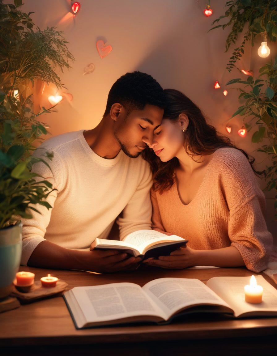 A cozy, intimate scene depicting a couple sharing a tender moment under soft, warm lighting, surrounded by symbols of emotional health like heart-shaped plants and open books on self-care. Their facial expressions reflect love and understanding, while gentle abstract shapes representing emotions float in the background. Illustrate a soft color palette that evokes calmness and warmth. super-realistic. vibrant colors. warm tones.
